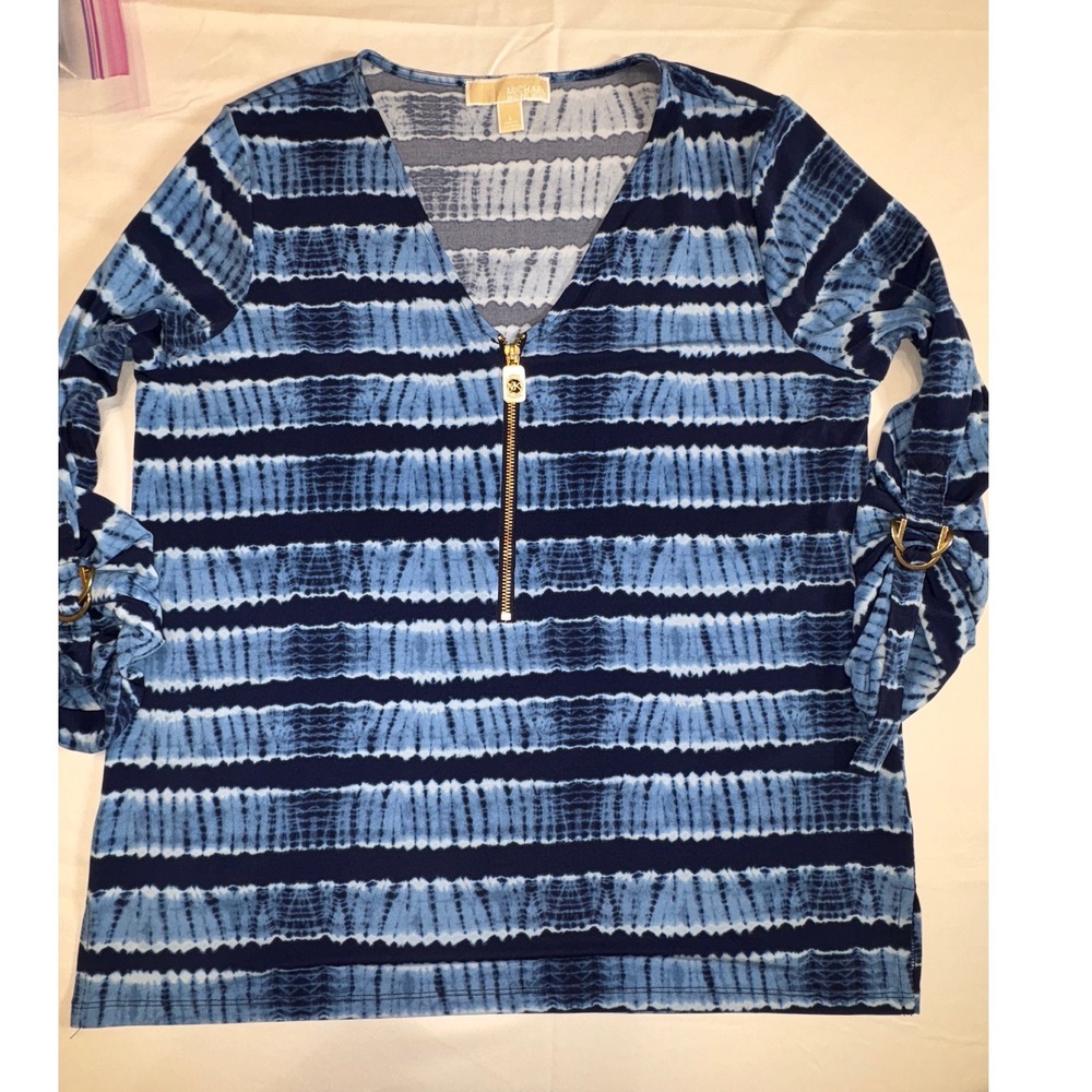 Michael Michael Kors Blue Tie Dye Stripe Zip Front Top Gold Hardware Large
